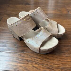 Naked Feet Women’s Beslow Sandal Sz 7.5 M Wedge Platform Tan Shimmer